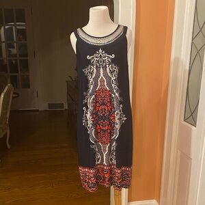 Sandra Darren Navy and Red Ornate Midi Dress